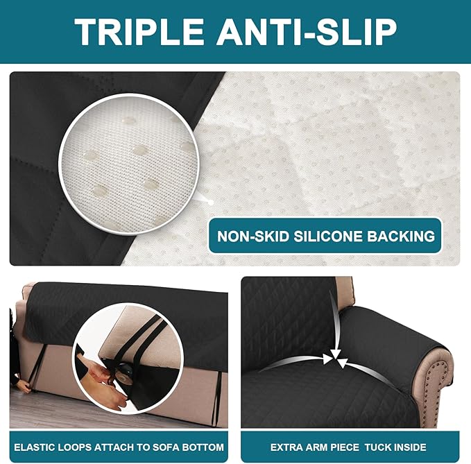 Turquoize 100% Waterproof Couch Cover Sofa Covers for 2 Cushion Couch Loveseat Covers Triple Non-Slip Couch Cover for Dogs Washable Furniture Protector Cover for Pets, Kids,Dog (Loveseat 54", Black)