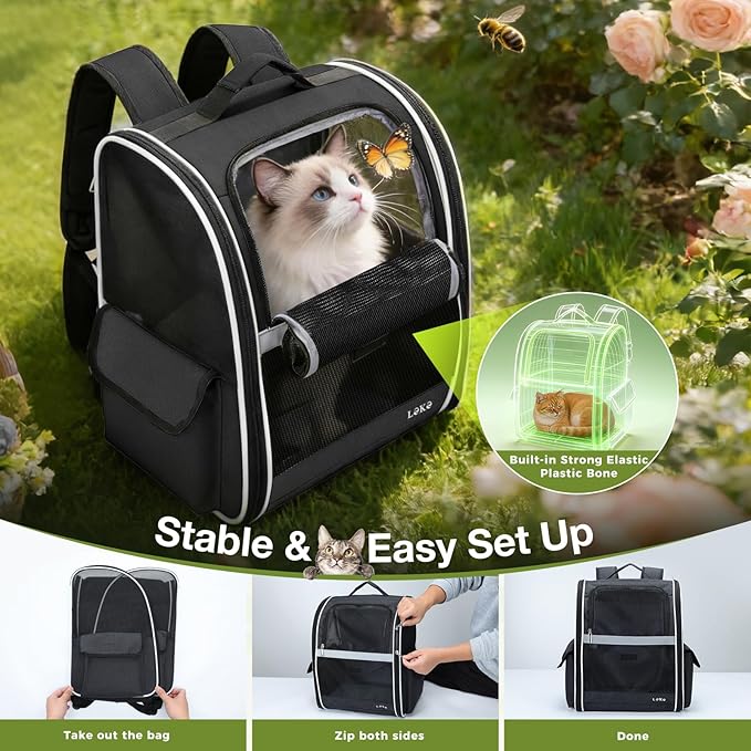 Lekereise Cat Backpack Carriers, Dog Carrier Backpacks with Breathable Mesh for Small Medium Cats Dogs Puppy Up to 18 Lbs, Pet Foldable Carrying Backpack Ventilated for Travel Hiking Collapsible