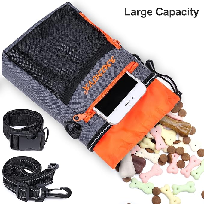 AMZNOVA Dog Treat Bag Treatkit Dog Treat Pouch, Waist Clip On Crossbody Fanny Pack for Pet, Training Pouch with Shoulder Strap & Waist Belt for Walking & Training, 6Cups, Grey