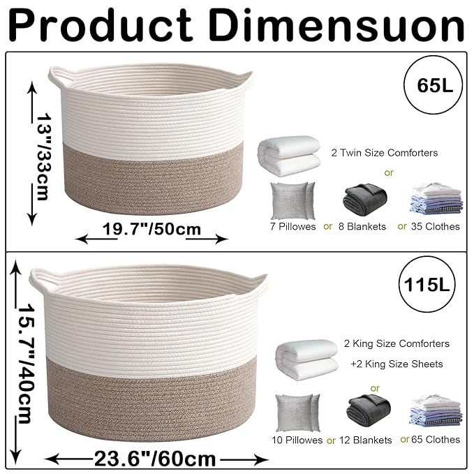 115L Extra Large Woven Cotton Rope Blanket Basket with Handles, Laundry Hamper Storage Bin for Pillows,Clothes, Bedroom and Living Room Organization, White & Brown