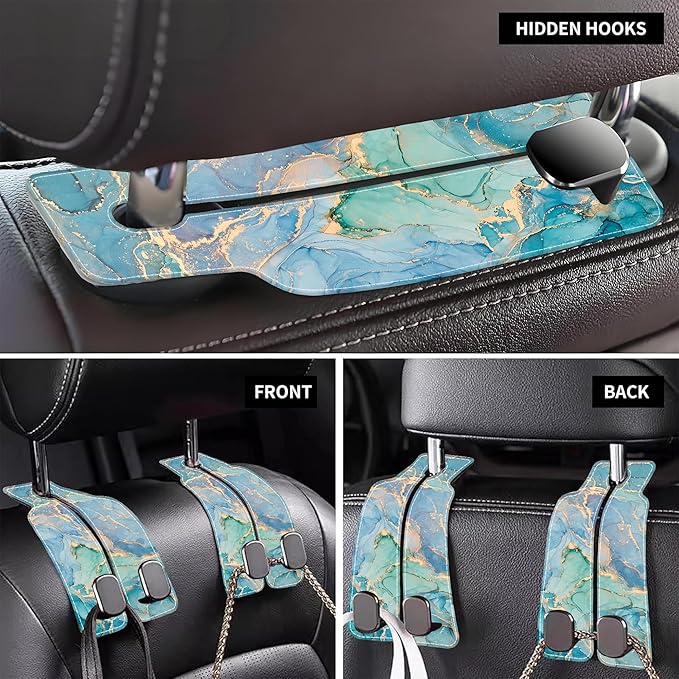 AEWNUNK Car Seat Headrest Hooks for Purses and Bags Abstract Turquoise Golden Marble 1 Pack Bag Purse Holder for Car with Double Metal Hooks Car Purse Hanger Hanging Accessories