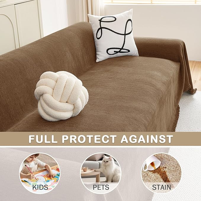 hyha Couch Cover for Dogs, Boho Sofa Covers for 3 Cushion Couch Washable, Chenille Sofa Slipcover for Pets, Soft Loveseat Sectional Couch Throw Blankets with Tassels (Chocolate, 88.5x134 Inch)