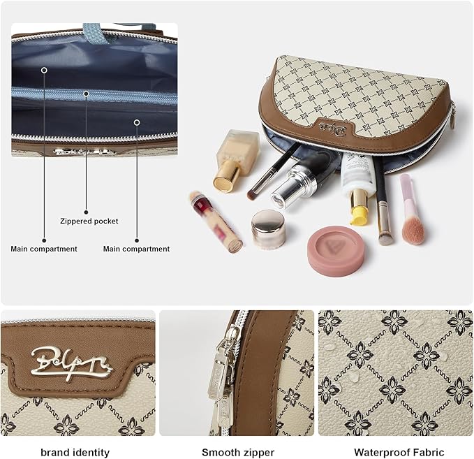BOYATU Small Travel Makeup Bag for Women: Elegant Vegan Leather Cosmetic Pouch for Purse - Waterproof Toiletry Bag with Mirror(011-Light Brown)