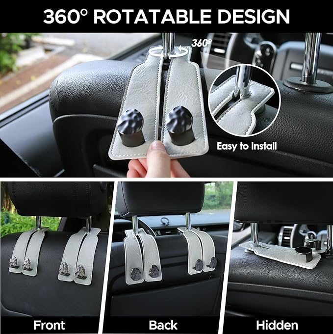4 PCS Leather Car Seat Hooks for Headrest, Vehicle Hanger Storage Organizer Universal for Handbag Purse, Car Accessories Gift (Grey-Black-4 PCS)