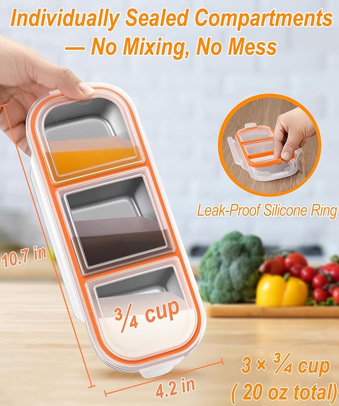 KTKUDY 5 Pack Stainless Steel Snack Containers for Kids & Adults - Leak-Proof 3-Compartment Stackable Snack Lunch Boxes for School, Work & Travel