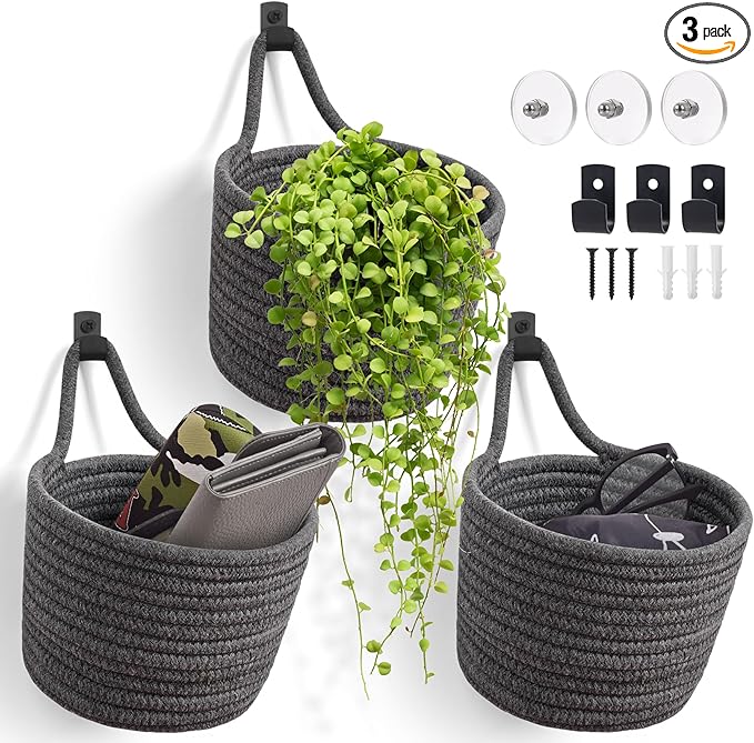 Fabric Wall Hanging Baskets - 3Pack Woven Pouchs Boho Style Wall Mounted Bag with Adhesive Hooks, Storage Organizers and Decoration Pocket Caddy Bins on Door Rack (Dark Gray & Black, Large)