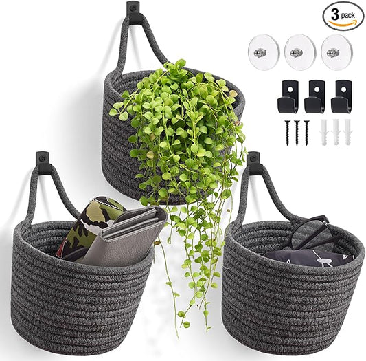 Fabric Wall Hanging Baskets - 3Pack Woven Pouchs Boho Style Wall Mounted Bag with Adhesive Hooks, Storage Organizers and Decoration Pocket Caddy Bins on Door Rack (Dark Gray & Black, Large)