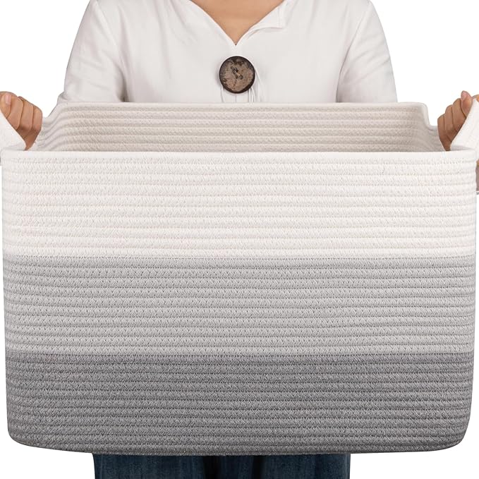 OIAHOMY Cotton Rope Basket, Rectangle Woven Baskets for Storage, Nursery Blanket Storage Living Room, Toy Basket With Handle-17.7”x13.8”x11”-Gradient Grey