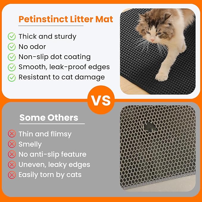 Petinstinct Jumbo Cat Litter Mat, 46x26 Inches Double Layer Honeycomb Litter Trapping Mat, Non Slip Waterproof Urine Proof Extra Large Cat Litter Box Mat, Kitten Supplies and Essentials, XXL, Black