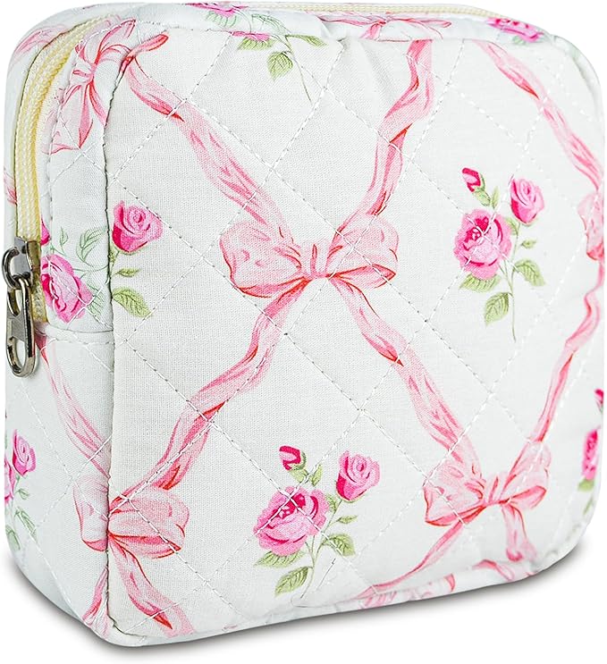 Small Floral Quilted Makeup Bag, Coquette Aesthetic Travel Toiletry Organizer for Women, Lightweight Cotton Cosmetic Pouch