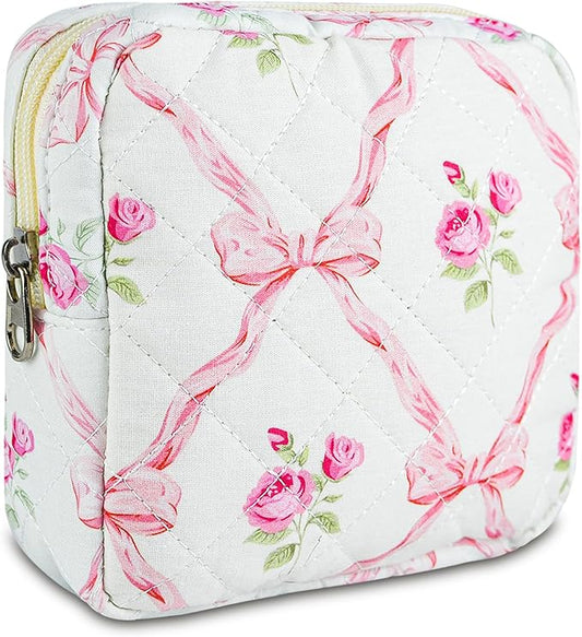 Small Floral Quilted Makeup Bag, Coquette Aesthetic Travel Toiletry Organizer for Women, Lightweight Cotton Cosmetic Pouch