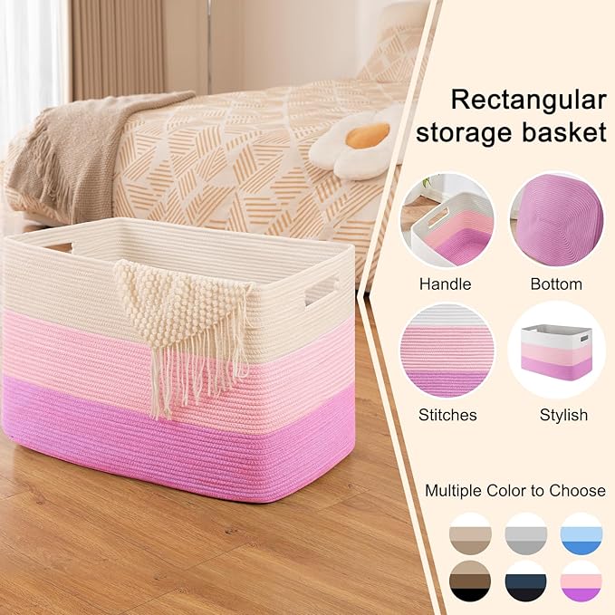 OIAHOMY 108L Super Large Blanket Basket, 25”x16”x16” Rectangle Woven Baskets for Storage, Cotton Rope Basket For Living Room, Toy Storage with Handle - Gradient Pink