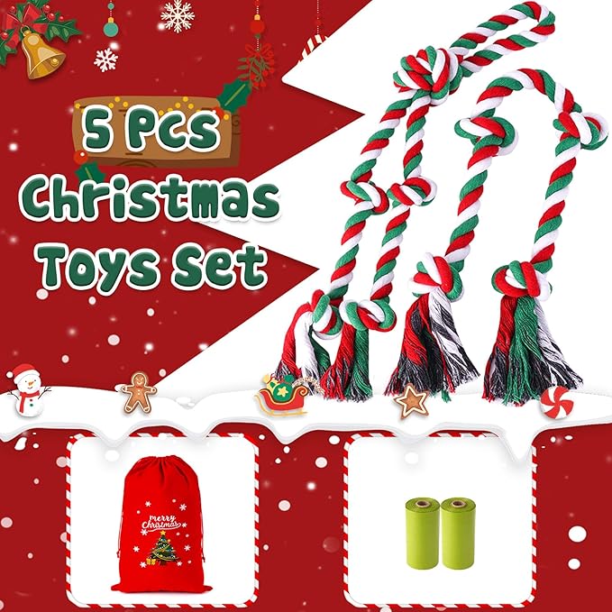 Tough Christmas Dog Rope Toys for Aggressive Chewers- Tough Tug of War & Chew Toys for Large, Medium & Small Dogs, 5 Pack Including 2 Ropes & 3 Supplies