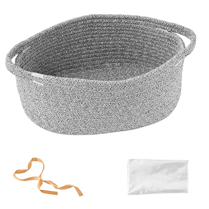 Small Woven Gift Basket Empty with Bag & Ribbon - Gifts for Mom, Baby Shower, Birthdays & Raffle - Cotton Rope Storage Basket for Dog Toys or Shelf - 12"x8"x5", Gray