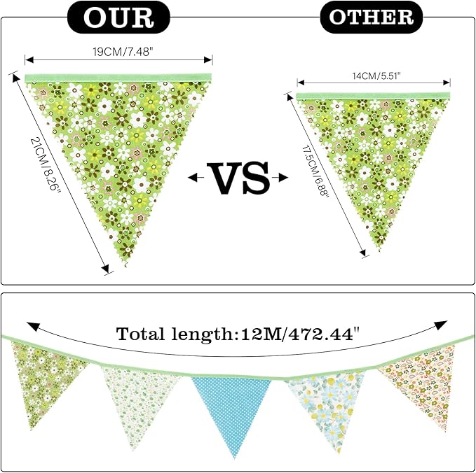 G2PLUS 39Ft Triangle Bunting Banner, Green Blue Cotton Pennant Banner, 42pcs Reusable Fabric Triangle Flags Party Decoration for Wedding, Birthday, Garden Party, Spring Picnic, Baby Shower Decorations