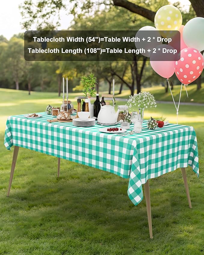 Smiry 20 Packs Gingham Disposable Table Cloth, 54 x 108 Inch Waterproof Plastic Tablecloth, Rectangle Teal and White Checkered Table Covers for Picnic, Birthday, Party