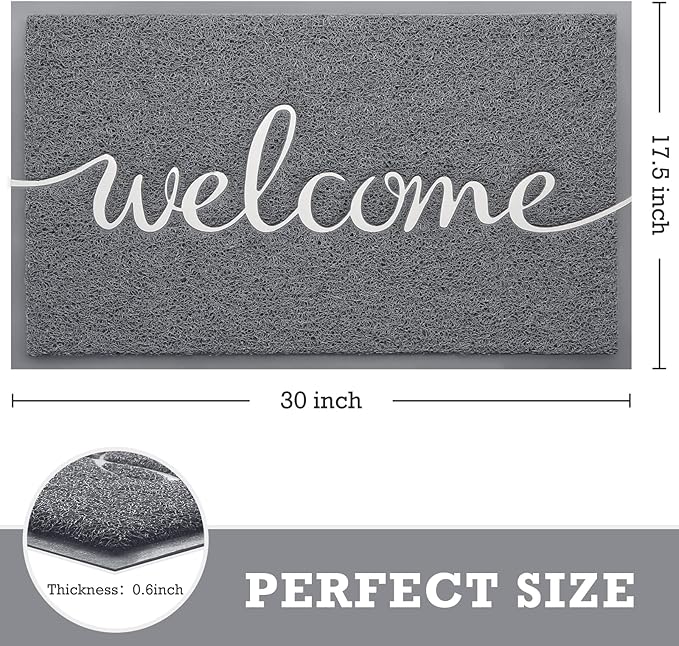Grey Door Mat Welcome Mats Outdoor Indoor Non-Slip Doormat for Entryway Low-Profile Floor Mat for Yard, Garage, High Traffic Areas (30"x17.5", Grey)