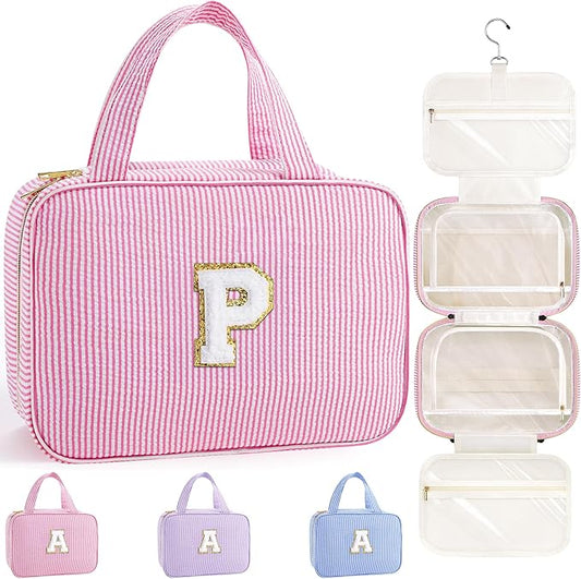TOPEAST Hanging Toiletry Bag for Women - Travel Toiletry Bag Makeup Bag, Portable Toiletries Cosmetic Bag, Airplane Travel Essentials - Letter P, Pink