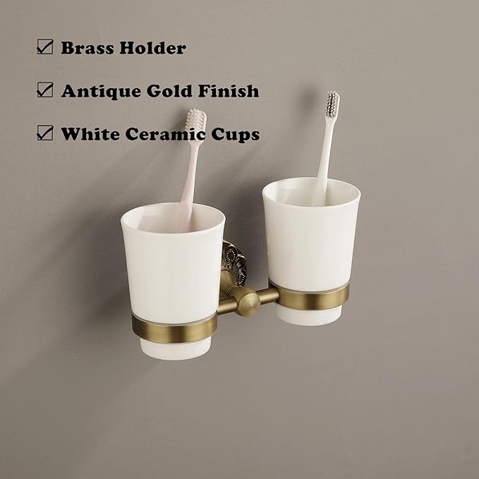 Double Toothbrush Holder Wall Mounted, Mouthwash Cup Holder for Bathroom Wall, Antique Brass Holder and Two White Ceramic Cups, Vintage Petal-Relief Bathroom Decorative Accessories