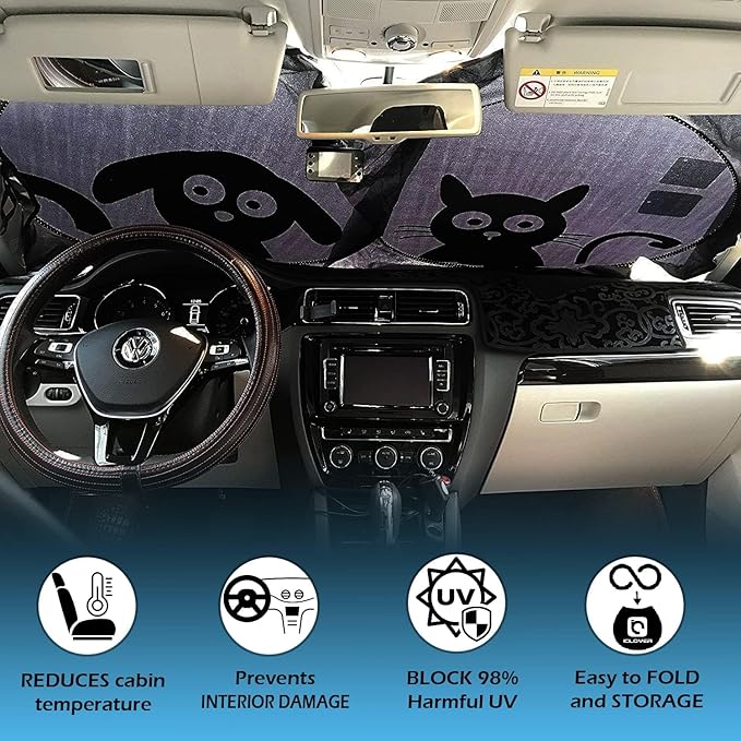 IC ICLOVER Car Windshield Sunshade with Pet Design, Cute Cartoon Design Front Auto Car Windshield Sun Shade Folding Silvering Sun Visor - UV Coating for UV Ray Deflector (Dog & Cat) -Large