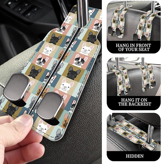 PU Leather Car Seat Hook, Storage Headrest Hanger, Cute Car Backseat Organizer, Car Hooks for Purses and Bags Dog Faces