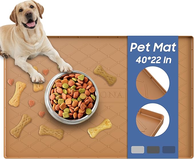 URMONA Large Dog Food Mat, 40" x 22" Pet Food Mat, Waterproof Dog Cat Food Mat with Raised Edges, Silicone Pet Food Mat, Dog Accessories, Prevents Food Spills, Protects Floors, Easy to Clean Fast