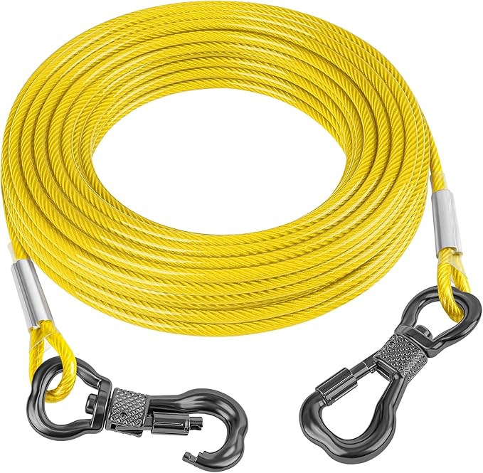 Tresbro 70FT Reflective Tie Out Cable for Dogs Up to 250 Pounds, Steel Wire Lead Leash Cable with Stainless Rotatable Buckle, Lightweight and Enduring, Dog Chains Outside for Outdoor, Yard, Yellow