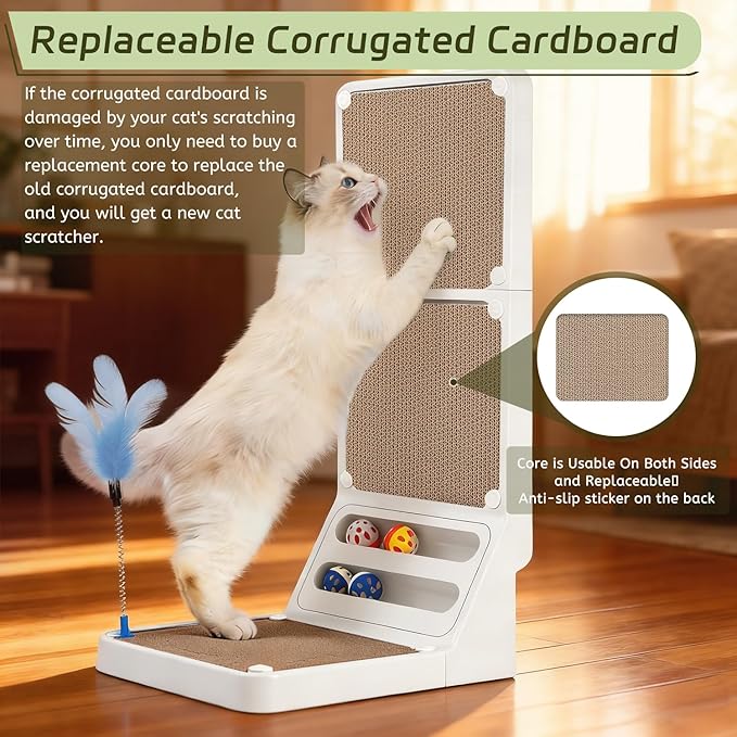 Cat Scratcher Cat Scratch Pad L Shape Wall Mounted Dual Use (Vert/Horiz) Kitten Bunifa Scratching Card Board Vertical Post with Ball Toys Feathers,Protecting Furniture Core is Replaceable Large White