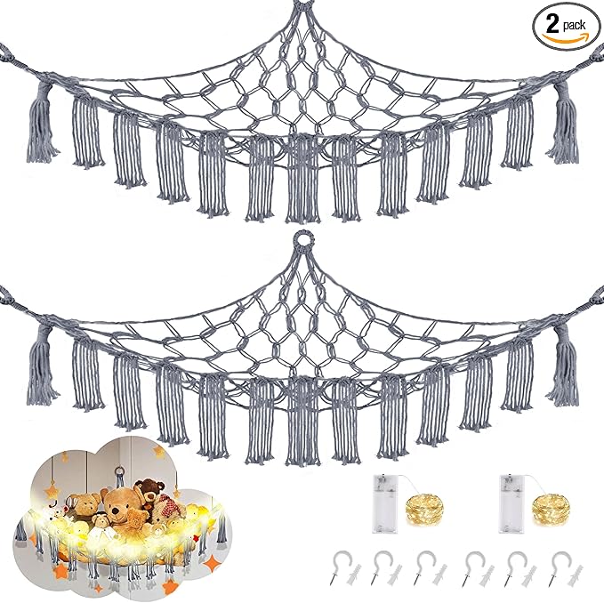 CERETIA Stuffed Animal Hammock with LED Light, Large Stuffed Animals Storage Corner Plushie Net for Kids Room Decor, 2 Packs Grey