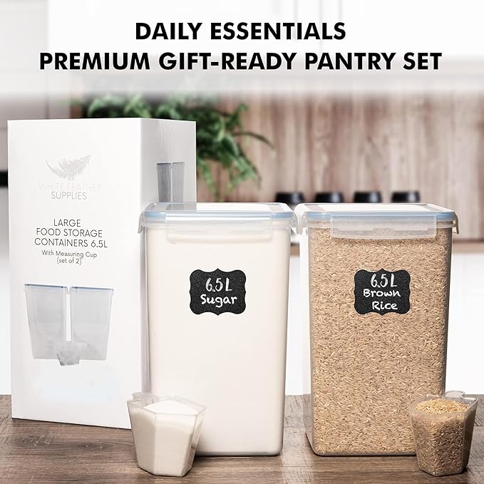 WHITE FEATHER SUPPLIES 2 PC [6.5L / 220 Oz] Large Flour Sugar Storage Containers - Leak Proof, BPA Free, Clear Plastic Food Storage Containers with Lids Airtight - Bulk Storage for Kitchen and Pantry