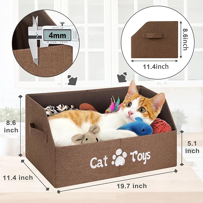 LOVSTORAGE 2X Thicker Large Cat Toy Bin - Collapsible Box, Sturdy Basket, Kitten Storage Bed for Organizing Toys, Treats, Clothes and Accessories (Brown)