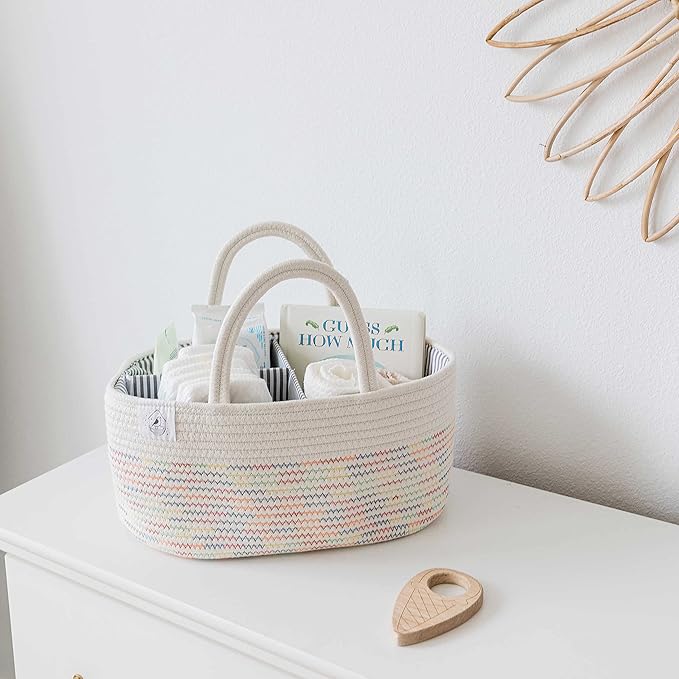 OrganiHaus Nursery Storage Basket, Cotton Rope Toy, Foldable Design, Machine Washable, Ideal for Baby Room & Laundry - Stitches Rainbow