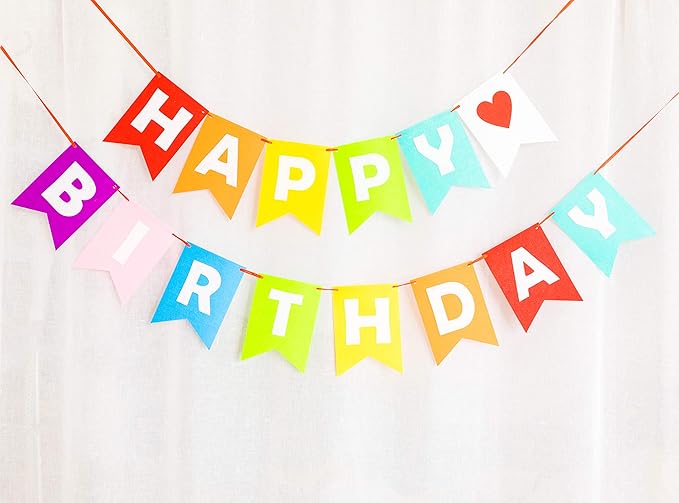 LOVENJOY Pre-strung Assembled Happy Birthday Banner Rainbow Bunting Decorations, Durable Felt Fabric Reusable
