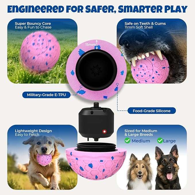 Fsitego Dog Balls: Interactive Dog Ball Auto Rolling - Interactive Dog Toys for Aggressive Chewers - Bouncy & Throwable, Type-C Rechargeable, Washable, for Small & Medium & Large Dogs – Pink