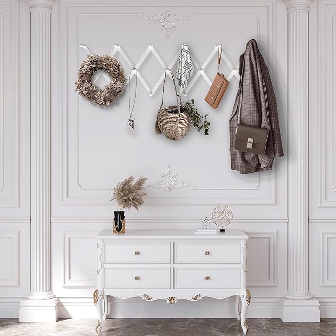 Mercurial Trade Expandable Wooden Coat Rack Hanger – Accordion Wall Mounted Pine Wood Hooks – Hand Made Vintage Expending Pegs – Hang Coat, Jacket, Hat, Leash, Towel, Mug, Bag, 17 Hook Chalk White