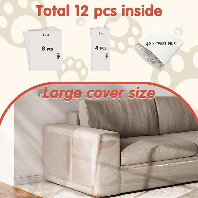 12 PCS Large Cat Scratch Furniture Protector, Transparent Couch Protector from Cat Claws, Single-Sided Self Adhesive Anti Pet Deterrent Sofa Cover, 14IN