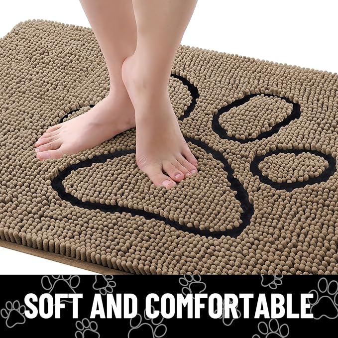Smiry Dog Door Mat for Muddy Paws, Absorbent Dirt Trapper Non Slip Quick Dry Washable Chenille Mat for Mud Dogs, Entry Rug for Indoor and Outdoor (47x20 Inches, Camel and Black)