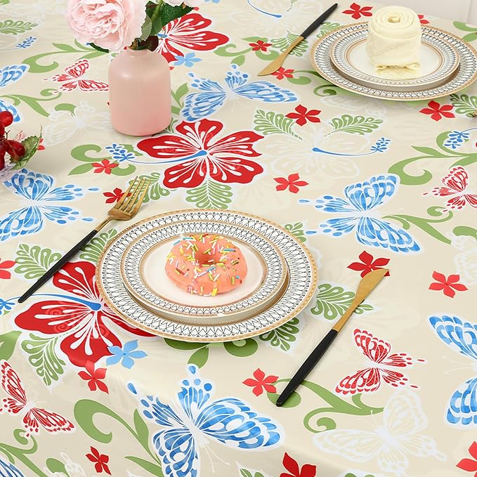 misaya Rectangle Waterproof Vinyl Table Cloth, Wipeable Tablecloth with Flannel Backing, Plastic Table Cover for Dinner, Picnic, Indoor and Outdoor (Butterfly, 52" x 70")