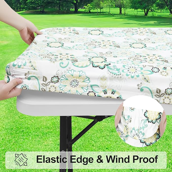 misaya Rectangle Vinyl Tablecloth, Fitted Table Cover, 100% Waterproof, Elastic Edge, Flannel Backing, Table Cloth Fit 8 Foot Folding Tables for Picnic, Camping, Outdoor (Paisley Flower, 30x96 inch)