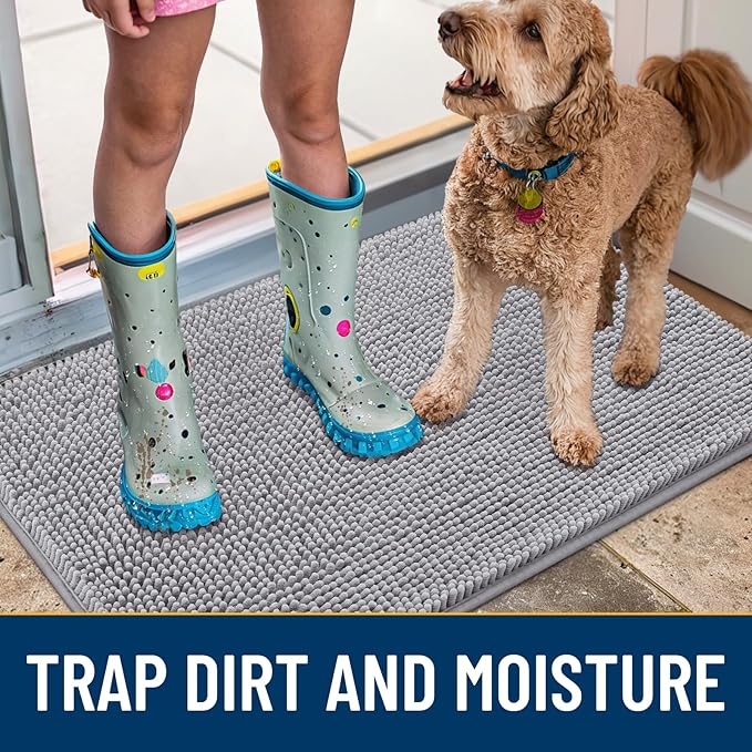 Smiry Dog Door Mat for Muddy Paws 48x30, Absorbs Moisture and Dirt Doormat, Non-Slip Washable Quick Dry Chenille Front Door Mat Indoor Entrance, Entryway Carpet for Inside Floor, Light Grey