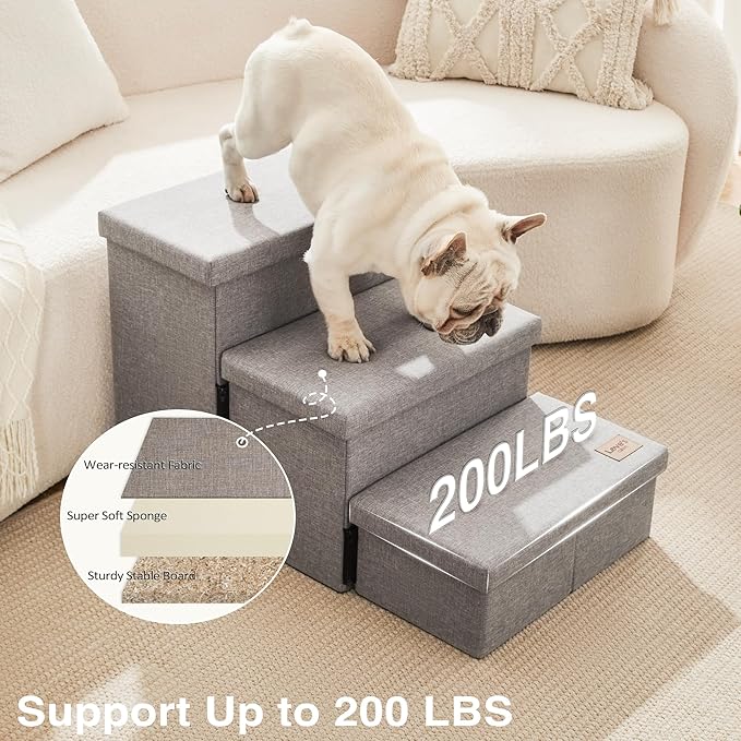Love's cabin Dog Stairs for High Bed 18"H,Foldable Pet Stairs for Small Medium or Large Dogs Puppy with Storage for Bed or Couch, Cat Dog Steps Ramp with Zip up to 200 lbs(Solid Grey,3 Steps no Condo)