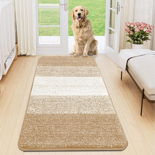Smiry Dog Door Mat for Muddy Paws, Absorbs Moisture and Dirt, Low-Profile Entryway Mat with Non-Slip Backing, Entry Indoor Outdoor Doormat for Inside Floor (47x20 Inches, Beige, Striped)