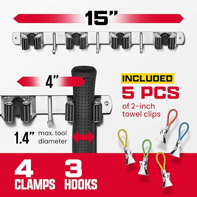 Mop and Broom Holder Wall Mount – Self-Adhesive Stainless Steel broom hanger organizer – 4 Clamps, 3 Hooks, 5 Towel Hanging Clips Mounting Screws – Holds Up to 40 Lbs
