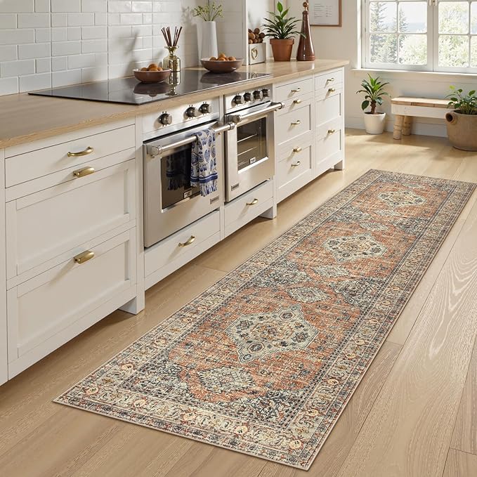 Lahome Oriental Hallway Runner Rug, 2.5x8 Kitchen Runner Non Slip Ultra-Thin, Soft Washable Hallway Rug Distressed Long Carpet for Entryway ‎Laundry Room Bathroom Eleanor, Peach/Orange