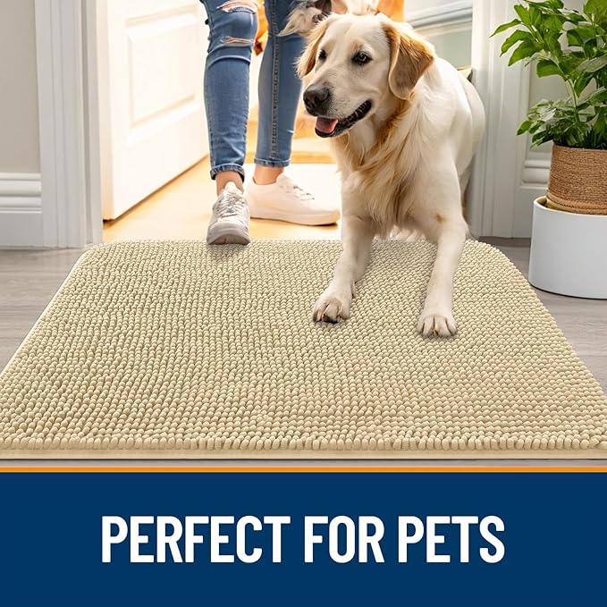 OLANLY Dog Door Mat for Muddy Paws 35x24, Absorbs Moisture and Dirt, Absorbent Non-Slip Washable Doormat, Quick Dry Chenille Mud Mat for Dogs, Entry Indoor Entryway Carpet for Inside Floor, Sand