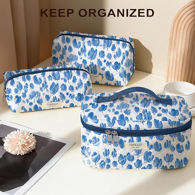 TOPEAST Christmas Gifts for Women Girls - 3Pcs Makeup Bag Large Cotton Travel Make Up Bags, Cute Quilted Floral Cosmetic Organizer Potable Brushes Toiletry Bag Set, Blue Floral