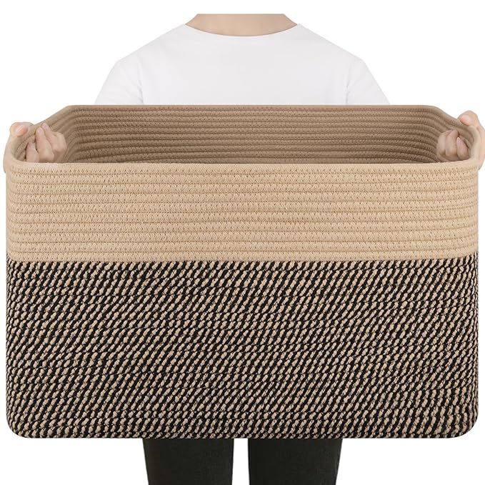 SIXDOVE 75L Large Blanket Basket, Toy Basket Bin for Kids, Cotton Rope Woven Storage Basket for Living Room, Bedroom, Nursery, Baby Room Decorative Organizer, 22''×17''×12'', Brown & Black