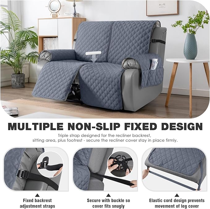 TAOCOCO 100% Waterproof Recliner Couch Covers, Recliner Sofa Covers with Leg Straps, 1-Piece Washable Reclining Sofa Cover with Pocket Couch Protector for Pets Kids(2 Seater, Bluish Grey)