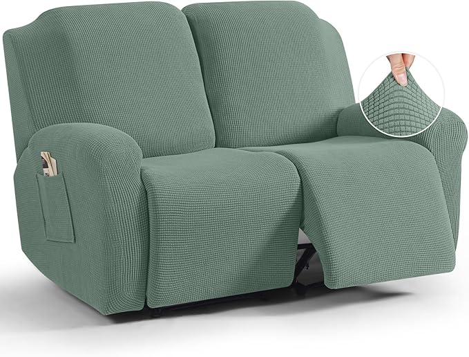TAOCOCO Recliner Loveseat Slipcover, 6 Pieces Dual Recliner Sofa Covers for 2 Seat Dual Reclining Loveseat Couch, Stretch Soft Jacquard Pattern Furniture Protector with Elasticity (Sage Green)
