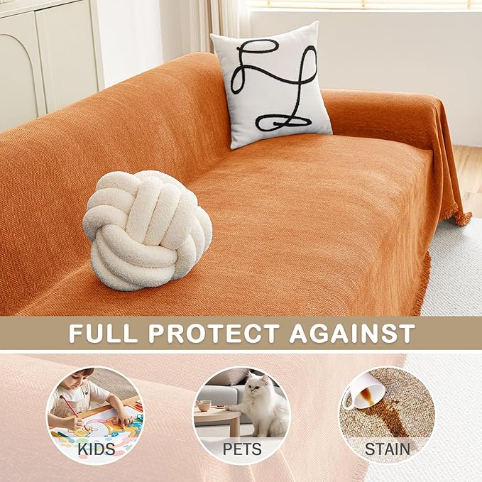 hyha Couch Cover for Dogs, Boho Sofa Covers for 3 Cushion Couch Washable, Chenille Sofa Slipcover for Pets, Soft Loveseat Sectional Couch Throw Blankets with Tassels (Orange, 71x91 Inch)